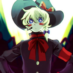 Rule 34 | 1girl, black hat, black jacket, blonde hair, blue bow, blue eyes, blush, blush stickers, bow, bowtie, braid, bright pupils, closed mouth, commentary, cookie (touhou), cosplay, hair between eyes, hair bow, hat, hat bow, highres, hirasawa susumu, hirasawa susumu (cosplay), jacket, kirisame marisa, looking at viewer, lsnsn, meguru (cookie), real life, red bow, red bowtie, short hair, side braid, single braid, solo, touhou, upper body, v-shaped eyebrows, white pupils, witch hat