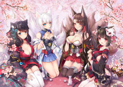 Rule 34 | 4girls, :d, akagi (azur lane), animal ear fluff, animal ears, azur lane, black gloves, black hair, black legwear, blush, breasts, brown hair, butterfly hair ornament, cat ears, cat mask, cherry blossoms, cleavage, commentary request, cup, death-the-cat, fang, floral print, fox ears, fox tail, fusou (azur lane), gloves, hair ornament, highres, japanese clothes, kaga (azur lane), large breasts, long hair, looking at viewer, mask, mask on head, medium breasts, mimikaki, multiple girls, open mouth, parted lips, partially fingerless gloves, red eyes, sakazuki, seiza, short hair, sitting, smile, tail, thighhighs, white hair, white legwear, yamashiro (azur lane), zettai ryouiki
