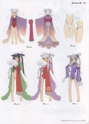 Rule 34 | 1girl, ass, barefoot, character sheet, chinese clothes, concept art, hand fan, female focus, hand on own hip, highres, houmei, long hair, multiple views, panties, pointy ears, purple eyes, red eyes, shining (series), shining wind, simple background, tony taka, twintails, underwear, variations, white background, white hair, wide sleeves