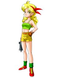 Rule 34 | 1girl, absurdres, bare shoulders, blonde hair, breasts, brown gloves, cleavage, closed mouth, curly hair, dragon ball, dragonball z, feet, full body, gloves, green eyes, green socks, gun, hair ribbon, hand on own hip, highres, holding, holding gun, holding weapon, legs, long hair, looking at viewer, lunch (dragon ball), midriff, ribbon, serious, shoes, short shorts, shorts, sneakers, socks, solo, standing, tank top, thighs, transparent background, wavy hair, weapon, yellow shorts