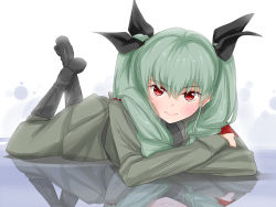 Rule 34 | 10s, 1girl, anchovy (girls und panzer), belt, black footwear, black shirt, blouse, boots, brown eyes, dress shirt, drill hair, girls und panzer, green hair, grey jacket, grey pants, hair ribbon, highres, jacket, kento1102, knee boots, long hair, long sleeves, looking at viewer, lying, military, military uniform, necktie, on stomach, pants, pants tucked in, red eyes, reflection, ribbon, shirt, solo, twin drills, twintails, uniform