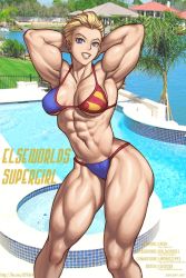 Rule 34 | abs, armpits, bikini, blonde hair, blue eyes, dc comics, highres, looking at viewer, muscular, photo background, short hair, smile, speh, supergirl, swimsuit, tagme