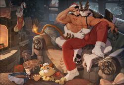 Rule 34 | 2boys, abs, alca (wakatanka4), alternate costume, animal collar, animal ears, antlers, bara, beard, beenic, biceps, black hair, blush, bulge, chest tattoo, christmas, collar, commission, couch, couple, dark-skinned male, dark skin, dog boy, dog ears, facial hair, flame-tipped tail, full body, furry, furry male, furry with non-furry, gyee, hat, head on another&#039;s shoulder, highres, horns, hug, hug from behind, interspecies, large pectorals, lion boy, lion ears, lion tail, male focus, mature male, multiple boys, muscular, muscular male, nipples, on couch, original, pectorals, pet play, peterhl, red eyes, reindeer antlers, santa costume, santa hat, short hair, sitting, sitting on person, smirk, spread legs, stomach, tail, tattoo, thick eyebrows, thick thighs, thighs, topless male, undercut