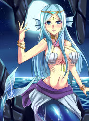 Rule 34 | 1girl, bare shoulders, blue eyes, blue hair, breasts, cleavage, fins, fish tail, gills, head fins, jewelry, large breasts, long hair, looking at viewer, lots of jewelry, matching hair/eyes, mermaid, midriff, monster girl, moon, navel, night, nishida megane, ocean, open mouth, original, rock, scales, shell, shell bikini, smile, solo, tail, tiara