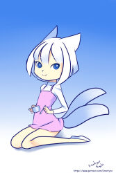 Rule 34 | 1girl, animal ears, blue background, blue eyes, cup, drantyno, dress, fox ears, fox girl, fox tail, fuyu (ryuhi), gradient background, highres, holding, long sleeves, looking at viewer, multiple tails, pink dress, shirt, shoes, short hair, sitting, sleeveless, sleeveless dress, smile, spoon, tail, teacup, white footwear, white hair, white shirt