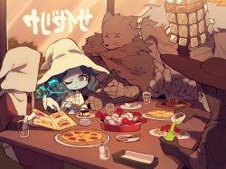 Rule 34 | astrologer (elden ring), blaidd the half-wolf, blue eyes, blue skin, colored skin, custard, elden ring, extra faces, food, fork, furry, furry male, gauntlets, glass, hat, highres, holding, holding fork, holding knife, holding spoon, hood, hood up, indoors, knife, large hat, one eye closed, pasta, pizza, pouring, preceptor seluvis, ranni the witch, restaurant, shrimp, sitting, spaghetti, spoon, steak, table, tarnished (elden ring), war counselor iji, window, witch hat, zombiemiso