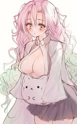 Rule 34 | 1girl, :o, animal, black jacket, black skirt, blouse, blush, braid, cat, commentary, gradient hair, green eyes, green hair, hair between eyes, highres, holding, holding animal, jacket, kanroji mitsuri, kimetsu no yaiba, long hair, looking away, mole, mole under eye, multicolored hair, open clothes, open jacket, open shirt, parted bangs, parted lips, pink hair, pleated skirt, shirt, simple background, skirt, sleeveless, sleeveless jacket, sleeves past wrists, solo, symbol-only commentary, tandohark, tri braids, very long hair, white background, white shirt, wide sleeves