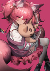 Rule 34 | 1girl, animal ear fluff, animal ears, arknights, black footwear, blush, closed mouth, commentary, fox ears, fox girl, fox tail, from above, glaring, grey pantyhose, hair between eyes, hair ornament, hair ribbon, head tilt, high heels, highres, holding, holding stuffed toy, knife, lanyard, long sleeves, looking at viewer, hugging object, pantyhose, pink background, pink eyes, pink hair, pink skirt, pink tail, ribbon, shamare (arknights), shirt, short hair, sidelocks, simple background, skirt, solo, stuffed toy, stuffed wolf, tail, twintails, white shirt, wing collar, yusuke gg