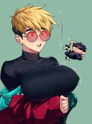Rule 34 | 1boy, 1girl, arms under breasts, black hair, black jacket, black pants, black shirt, blonde hair, blue eyes, blush, bouncing, breasts, chibi, coat, commentary request, covered erect nipples, cross, facial hair, falling, flying sweatdrops, frown, gaeha is, genderswap, genderswap (mtf), glasses, goatee stubble, green background, grey shirt, highres, impossible clothes, jacket, korean commentary, large breasts, long sleeves, looking at another, mini person, miniboy, mole, mole under eye, multicolored hair, nicholas d. wolfwood, off shoulder, open mouth, pants, prosthesis, prosthetic arm, red-tinted eyewear, red coat, round eyewear, shirt, short hair, size difference, sleeves past wrists, stubble, sunglasses, surprised, tinted eyewear, trigun, trigun stampede, turtleneck, two-tone hair, upper body, vash the stampede