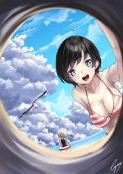 Rule 34 | 2girls, bad id, bad pixiv id, beach, bikini, bird, black hair, blonde hair, blue eyes, blush, breasts, cleavage, cloud, day, hole, innertube, large breasts, long hair, looking at viewer, multiple girls, open mouth, original, outdoors, outstretched arm, seagull, short hair, sky, smile, swim ring, swimsuit, twintails, unowen