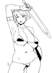 Rule 34 | 1girl, armpit hair, armpits, bikini, breasts, character request, ganto, huge breasts, lips, monochrome, plump, shield, short hair, simple background, solo, swimsuit, sword, weapon, white background