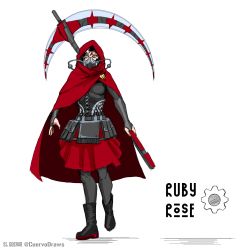 Rule 34 | 1girl, ammunition pouch, boots, cloak, el cuervo, fangs, gears, highres, pouch, respirator, ruby rose, rwby, scythe, skirt, spikes, weapon