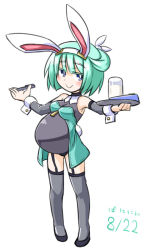 Rule 34 | 1girl, animal ears, blue eyes, bow, bowtie, dated, fake animal ears, garter straps, green hair, kugelschreiber, leotard, looking at viewer, original, playboy bunny, pregnant, rabbit ears, rabbit tail, short hair, simple background, sleeveless, smile, solo, tail, thighhighs, tray, white background, wrist cuffs