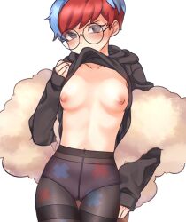 Rule 34 | 1girl, black-framed eyewear, black hoodie, blue hair, blush, breasts, clothes lift, commentary, creatures (company), game freak, gantan (pixiv 40726006), glasses, grey eyes, hand up, hood, hoodie, hoodie lift, lifting own clothes, long sleeves, looking at viewer, mouth hold, multicolored hair, nintendo, nipples, panties, pantyhose, penny (pokemon), pokemon, pokemon sv, print pantyhose, red hair, round eyewear, sleeves past wrists, small breasts, solo, symbol-only commentary, two-tone hair, underwear, white background