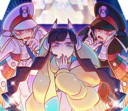 Rule 34 | 1girl, 2boys, black coat, black hair, black pants, blue eyes, blue nails, blue necktie, brothers, coat, commentary, creatures (company), down jacket, earpiece, elesa (pokemon), emmet (pokemon), frown, game freak, gloves, hand to own mouth, hat, headphones, highres, ingo (pokemon), jacket, leaning forward, looking at viewer, m-hex, multiple boys, nail polish, necktie, nintendo, open mouth, overcoat, pants, peaked cap, pokemon, pokemon bw2, pursed lips, red eyes, ringed eyes, siblings, sideburns, silver hair, smile, standing, twins, twintails, white coat, white gloves, white pants, yellow jacket