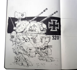 Rule 34 | absurdres, bundeswehr, commentary, cross, english commentary, greyscale, highres, ink (medium), iron cross, mecha, military, monochrome, no humans, original, patso catso, photo (medium), robot, science fiction, solo, standing, traditional media, walker (robot)