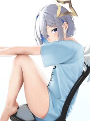 Rule 34 | 1girl, absurdres, ai (u e o o), amane kanata, angel, angel wings, bare legs, barefoot, blue hair, blue shirt, blush, closed mouth, colored inner hair, feathered wings, feet, grey hair, halo, highres, hololive, knees up, legs, multicolored hair, no pants, official alternate costume, on chair, pp tenshi t-shirt, purple eyes, shirt, short sleeves, sidelocks, simple background, single hair intake, sitting, solo, star halo, streaked hair, thighs, virtual youtuber, white background, wings