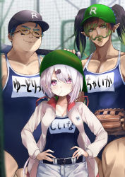 Rule 34 | 1girl, 2boys, abs, belt, blurry, blurry background, breasts, cleavage, commentary request, crossdressing, fake facial hair, fake mustache, glasses, hanabatake chaika, hat, highres, jacket, konkito, long hair, looking at viewer, multiple boys, nijisanji, pectorals, pink hair, school swimsuit, shiina yuika, shorts, swimsuit, twintails, virtual youtuber