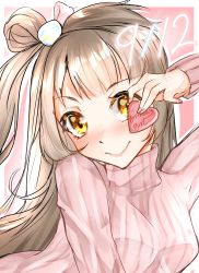 Rule 34 | 1girl, absurdres, artist name, artist request, blush, breasts, brown eyes, brown hair, female focus, grey hair, heart, highres, holding, light brown hair, long hair, looking at viewer, love live!, love live! school idol project, medium breasts, meemz a, minami kotori, parted lips, pink sweater, ponytail, side ponytail, smile, solo, sweater, vertical-striped sweater