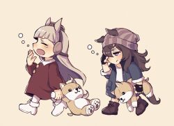 Rule 34 | 2girls, animal ears, beanie, black jacket, blush, boots, brown background, brown dress, brown footwear, brown hair, brown hat, chibi, closed mouth, collared dress, commentary request, cross-laced footwear, dress, ear covers, ears through headwear, fur-trimmed sleeves, fur trim, gold ship (umamusume), grey hair, grey hat, hair between eyes, hat, holding, holding stuffed toy, horse ears, horse girl, horse tail, jacket, lace-up boots, long hair, long sleeves, mini hat, multiple girls, nakayama festa (umamusume), namuko, open clothes, open jacket, open mouth, pantyhose, puffy long sleeves, puffy sleeves, purple eyes, rubbing eyes, shirt, simple background, stuffed animal, stuffed dog, stuffed toy, tail, tears, umamusume, umamusume: peace peace cepea cepea golshi-chan, very long hair, walking, white footwear, white pantyhose, white shirt, yawning