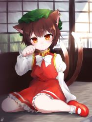 Rule 34 | 1girl, :3, animal ears, arm at side, bobby socks, brown hair, cat ears, cat tail, chen, earrings, hair between eyes, hat, head tilt, high collar, highres, jewelry, juliet sleeves, light smile, long sleeves, looking at viewer, mary janes, mob cap, multiple tails, neck ribbon, orange eyes, paw pose, petticoat, puffy sleeves, red footwear, red skirt, red vest, ribbon, shirt, shoes, single earring, sitting, skirt, skirt set, sliding doors, socks, solo, tail, tayutai (user xruy3332), touhou, vest, wariza, white ribbon, white shirt, white socks
