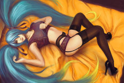 Rule 34 | 1girl, artist request, breasts, covered erect nipples, garter belt, gradient hair, high heels, league of legends, lingerie, lying, medium breasts, multicolored hair, shoes, solo, sona (league of legends), source request, thighhighs, twintails, underwear, yellow eyes