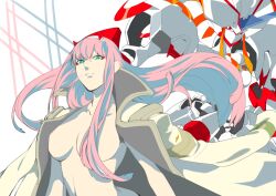 Rule 34 | 1girl, breasts, closed mouth, coat, coat on shoulders, darling in the franxx, eyelashes, eyeliner, frown, green eyes, hair between eyes, hair censor, hairband, horns, innfiniti, large breasts, long hair, makeup, mecha, nude, open clothes, open coat, pink hair, red horns, robot, strelizia, very long hair, white background, white hairband, zero two (darling in the franxx)