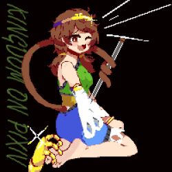 Rule 34 | 1girl, barefoot, blue dress, blush stickers, brown hair, circlet, detached sleeves, dress, feet, foot focus, green dress, highres, kingdom (user ysav4824), laughing, legs, long hair, low twintails, monkey tail, multicolored clothes, multicolored dress, one eye closed, open mouth, pixel art, red eyes, ruyi jingu bang, single detached sleeve, soles, solo, son biten, tail, test tube, tickling, tickling feet, toes, touhou, twintails, white sleeves, yellow dress