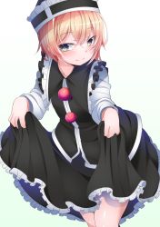 Rule 34 | 1girl, black hat, black skirt, black vest, blonde hair, blouse, blush, buta (uhoiiotoko), closed mouth, clothes lift, commentary request, cowboy shot, frilled skirt, frills, hair between eyes, hat, highres, lifted by self, long sleeves, looking to the side, lunasa prismriver, shiny skin, shirt, short hair, simple background, skirt, skirt lift, smile, solo, touhou, vest, white background, white shirt, yellow eyes