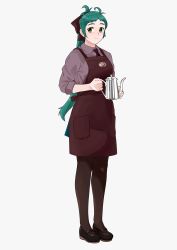 Rule 34 | 1girl, ahoge, alternate costume, antenna hair, apron, bad id, bad twitter id, barista, black footwear, black necktie, black pantyhose, brown apron, brown eyes, dress shirt, green hair, green skirt, grey background, grey shirt, hair ribbon, highres, irako (kancolle), kantai collection, long hair, looking at viewer, mary janes, necktie, ojipon, pantyhose, pitcher (container), ponytail, ribbon, shirt, shoes, simple background, skirt, solo, standing