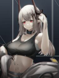 Rule 34 | 1girl, arknights, armband, bare arms, bare shoulders, black background, black choker, breasts, choker, collarbone, commentary request, crop top, hand up, highres, horns, infection monitor (arknights), kureneko, large breasts, long hair, material growth, midriff, mudrock (arknights), mudrock (elite ii) (arknights), navel, oripathy lesion (arknights), pointy ears, red eyes, sarashi, silver hair, smile, solo, sports bra, stomach, upper body