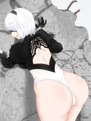 Rule 34 | 1girl, against wall, android, ass, back, back cutout, black hairband, blindfold, blush, breasts, cameltoe, clothing cutout, embarrassed, from behind, gloves, hairband, leotard, nier (series), nier:automata, open mouth, shiny skin, short hair, sideboob, solo, thighhighs, thong leotard, u-ron, 2b (nier:automata)
