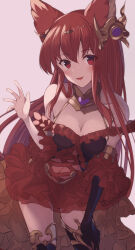 Rule 34 | 1girl, animal ears, anthuria, bare shoulders, blush, breasts, cleavage, coffee1223, commentary, cowboy shot, dress, frilled dress, frills, granblue fantasy, hair between eyes, hair over shoulder, hand on own knee, hand up, highres, leaning forward, long hair, looking at viewer, medium breasts, navel, off-shoulder dress, off shoulder, open hand, open mouth, pink background, red dress, red eyes, red hair, short dress, sidelocks, simple background, smile, solo, standing, straight hair, very long hair, waving
