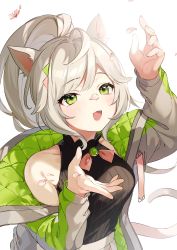Rule 34 | 1girl, :d, absurdres, ahoge, almic, animal ears, argyle, arm up, armpit crease, bare shoulders, black shirt, blush, brooch, cat ears, cat girl, cat tail, collarbone, falling petals, fang, green eyes, grey jacket, hair flaps, high collar, high ponytail, highres, jacket, jewelry, long sleeves, looking up, neck ribbon, off shoulder, open clothes, open hand, open jacket, open mouth, original, petals, ribbon, shirt, silver hair, simple background, sleeve cuffs, sleeveless, sleeveless shirt, smile, solo, striped clothes, striped jacket, tail, upper body, white background