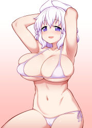 Rule 34 | 1girl, :d, armpits, arms behind head, bikini, blush, breasts, camel, cleavage, gradient background, hat, highres, itou yuuji, large breasts, letty whiterock, navel, open mouth, purple eyes, smile, solo, swimsuit, touhou, white bikini, white hair
