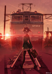Rule 34 | 1girl, asama natsuki, backlighting, bag, black thighhighs, briefcase, brown eyes, brown hair, closed mouth, commentary request, contrail, hair ornament, hair ribbon, holding, holding briefcase, long hair, long sleeves, looking at viewer, looking back, miniskirt, novel illustration, official art, outdoors, pantograph, pleated skirt, railroad tracks, revision, ribbon, school uniform, serafuku, shoes, side ponytail, skirt, sky, solo, sunset, thighhighs, train, twitter username, usui to kanojo to rokusan no., vania600, wide shot, zettai ryouiki