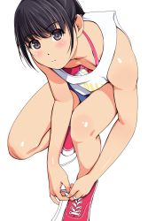 Rule 34 | 1girl, bare arms, bare shoulders, black eyes, black hair, blush, bra, breasts, cleavage, collarbone, downblouse, eyebrows, highres, looking at viewer, looking up, matsunaga kouyou, on one knee, original, parted bangs, pink bra, pink footwear, shiny skin, shoes, short hair, simple background, small breasts, solo, tying shoes, underwear, white background