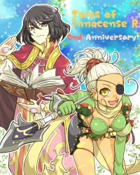 Rule 34 | 1boy, 1girl, armor, black eyes, black hair, book, bra, breasts, cape, cleavage, conway tau, earrings, eyepatch, frills, gloves, grey hair, jewelry, midriff, open mouth, ponytail, qq selesneva, scarf, short hair, shorts, smile, tales of (series), tales of innocence, underwear, weapon, yellow eyes