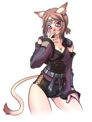 Rule 34 | 00s, 1girl, animal ears, breasts, brown hair, cat girl, final fantasy, final fantasy xi, hand on own thigh, katy (artist), licking, licking finger, mithra (ff11), red eyes, simple background, solo, tail