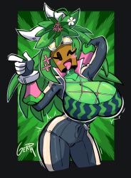 Rule 34 | 1girl, arm behind head, black bodysuit, blaster master zero, blush, bodysuit, breasts, bursting breasts, cleavage, colored skin, drooling, eyelashes, female focus, flower pot, gerph, gloves, green background, green hair, green skin, huge breasts, kanna (blaster master zero), looking at viewer, melon print, monster girl, one eye closed, plant girl, smile, solo, thick thighs, thighs, tongue, tongue out, white gloves, wide hips, wink, zipper
