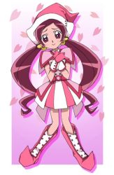 Rule 34 | 1girl, bad id, bad pixiv id, boots, cherry blossoms, child, color connection, company connection, cosplay, fukushima masaru, hanasaki tsubomi, harukaze doremi, harukaze doremi (cosplay), hat, heartcatch precure!, jpeg artifacts, long hair, ojamajo doremi, parody, pink background, pink footwear, pink hat, precure, red eyes, red hair, solo, toei animation, twintails, witch, witch hat