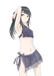 Rule 34 | 1girl, armpits, arms up, bikini, black bikini, black eyes, black hair, black sarong, blunt bangs, breasts, closed mouth, commentary, cowboy shot, frown, hands in pockets, highres, long hair, looking at viewer, navel, nito (nshtntr), original, ponytail, sarong, side-tie bikini bottom, simple background, small breasts, solo, standing, swimsuit, white background