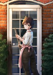 Rule 34 | 1girl, abazu-red, akiyama yoshiko, apron, ass, bamboo broom, black pants, brick wall, broom, brown eyes, brown hair, building, bush, closed mouth, collared shirt, commentary, day, door, earrings, girls und panzer, half-closed eyes, holding, holding broom, jewelry, long sleeves, looking at viewer, looking back, messy hair, mature female, outdoors, pants, pantylines, pink apron, shirt, short hair, sleeves rolled up, smile, solo, stud earrings, white shirt