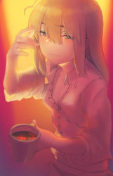 Rule 34 | 1girl, ahoge, artoria pendragon (all), artoria pendragon (fate), blonde hair, blue eyes, blush, boa (brianoa), breasts, closed mouth, cup, fate/stay night, fate (series), hair between eyes, hand up, highres, holding, holding cup, long hair, looking at viewer, messy hair, mug, panties, red theme, saber (fate), shirt, short sleeves, sleepy, small breasts, solo, underwear, waking up, white shirt, wing collar