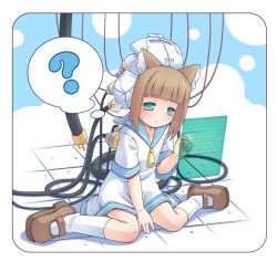 Rule 34 | 1girl, ?, android, animal ears, bad id, bad pixiv id, between legs, blue eyes, blue sailor collar, blush, brown hair, cable, computer, dress, hand between legs, holographic interface, holographic monitor, mizuno mumomo, on floor, original, personification, sailor collar, screen, shoes, sitting, socks, solo, thought bubble, wariza, zipper