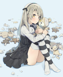 Rule 34 | 10s, 1girl, bandages, black bow, black bowtie, black dress, blue background, boko (girls und panzer), bow, bowtie, brown eyes, brown hair, collared shirt, crossed ankles, ddal, dress, full body, girls und panzer, hairband, highres, hugging own legs, knees up, light brown hair, light smile, long hair, looking at viewer, matching hair/eyes, no shoes, pinafore dress, ribbon, shimada arisu, shirt, sitting, sleeveless, sleeveless dress, solo, split mouth, striped clothes, striped thighhighs, stuffed animal, stuffed toy, stuffing, teddy bear, thighhighs, thighs, white shirt, yellow eyes