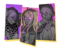 Rule 34 | 1girl, 2boys, ahoge, akamatsu kaede, artist name, blonde hair, blood, blood from mouth, breasts, checkered clothes, checkered scarf, collarbone, commentary request, covering own mouth, danganronpa (series), danganronpa v3: killing harmony, fortissimo, glowing, glowing eyes, hair between eyes, hair ornament, large breasts, looking at viewer, momota kaito, multiple boys, musical note, musical note hair ornament, nagi to (kennkenn), oma kokichi, open clothes, open shirt, pink background, pink blood, pink eyes, scarf, shirt, spiked hair, spot color, white background