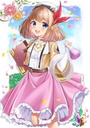 Rule 34 | 1girl, absurdres, ahoge, belt, blue eyes, breasts, brown hair, brown jacket, cleavage cutout, clothing cutout, cropped jacket, falling petals, flask, flower, gem, hair ornament, hairclip, hat, highres, holding, holding flask, jacket, light blush, lipstick, makeup, momoanne32, nail polish, open mouth, petals, pink skirt, sarasa feed, shinmai renkinjutsushi no tenpo keiei, shirt, short hair, skirt, small breasts, smile, solo, standing, standing on one leg, teeth, upper teeth only, white hat, white shirt, wide sleeves