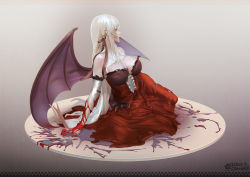 Rule 34 | 1girl, 3d, bare shoulders, bat wings, black thighhighs, blonde hair, blood, blood on clothes, bloody tears, breasts, dress, elbow gloves, full body, gloves, hair ribbon, high heels, highres, kiss-shot acerola-orion heart-under-blade, kizumonogatari, large breasts, leslyzerosix, lips, long hair, monogatari (series), oshino shinobu, parted lips, pointy ears, red dress, ribbon, shoes, single shoe, solo, strapless, thighhighs, torn clothes, torn thighhighs, vampire, very long hair, white footwear, white gloves, wings, yellow eyes