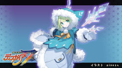 Rule 34 | 1girl, ainezu, black footwear, blue coat, boots, closed mouth, coat, disgaea, fur-trimmed hood, fur-trimmed sleeves, fur trim, green eyes, green hair, highres, hood, hood up, looking at viewer, makai senki disgaea 7, mittens, neck ribbon, official art, outstretched arms, pom pom (clothes), ribbon, smile, solo, spread arms, white background, yellow ribbon